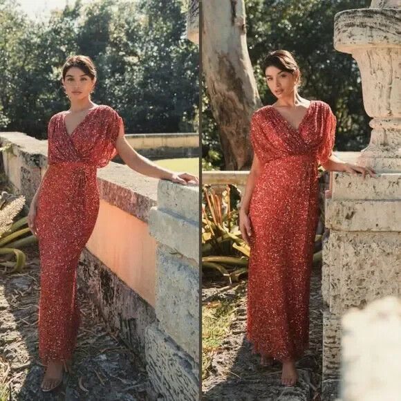 Mac Duggal‎ 5640 Draped Sleeve V Neck Gown Paprika Orange Red SZ 16 NWT - Picture 1 of 8